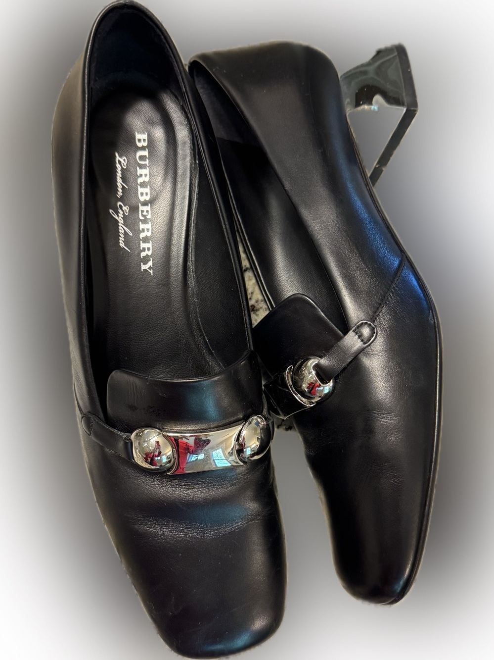 Burberry Black Leather Loafers with Silver Hardware Mirrored Heel